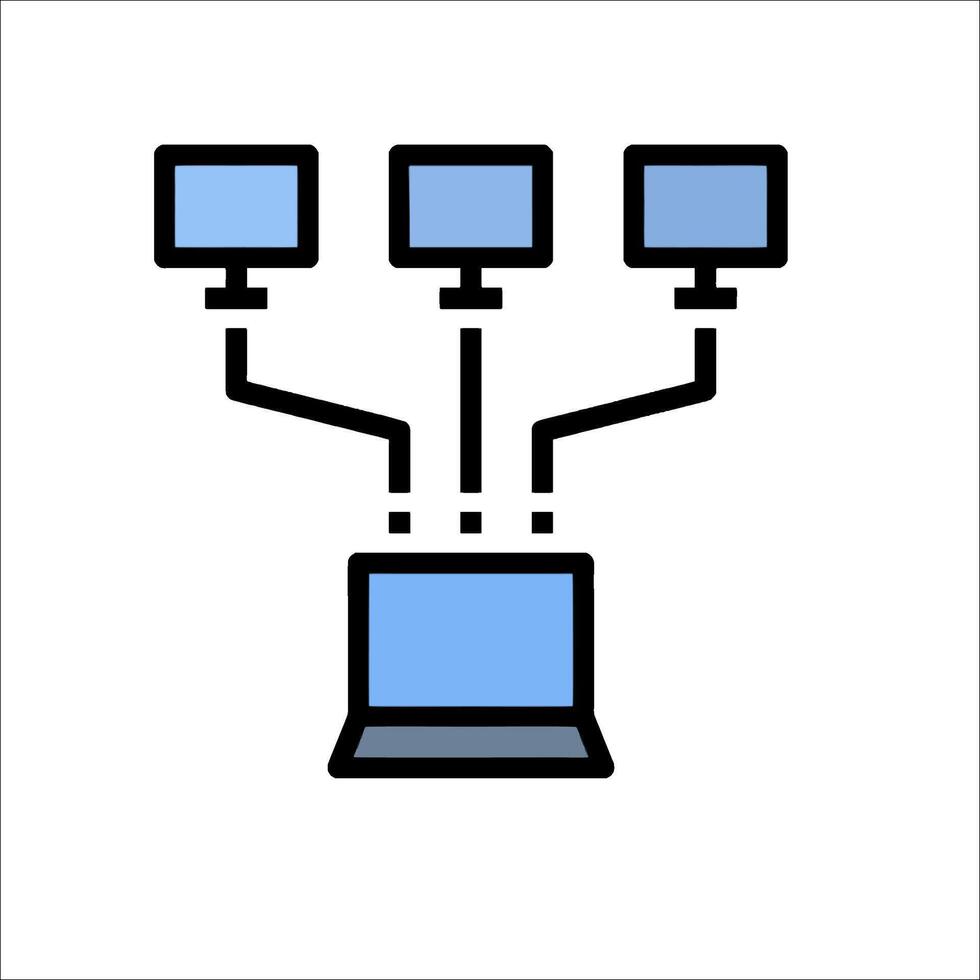 un ordenador portátil conectado a múltiple monitores y un computadora vector