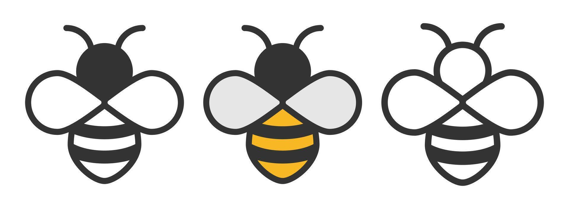 Bee icon symbol set. Bumblebee pictogram logo sign collection. Honey bee illustration image. Honeycomb hive symbol. Isolated on white background. vector