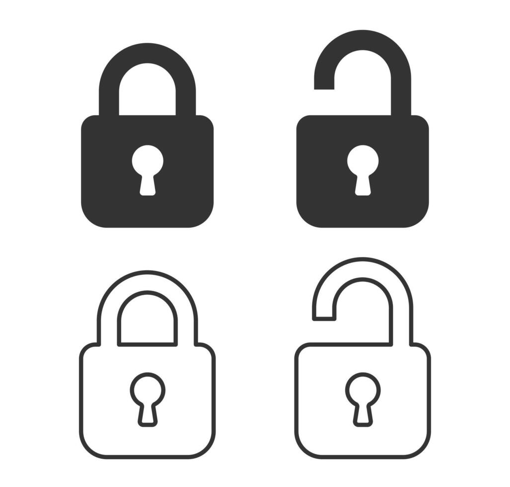 Lock and unlock icon privacy symbol set. Close and open locks logo sign. Locked and unlocked. illustration image. Isolated on white background. vector