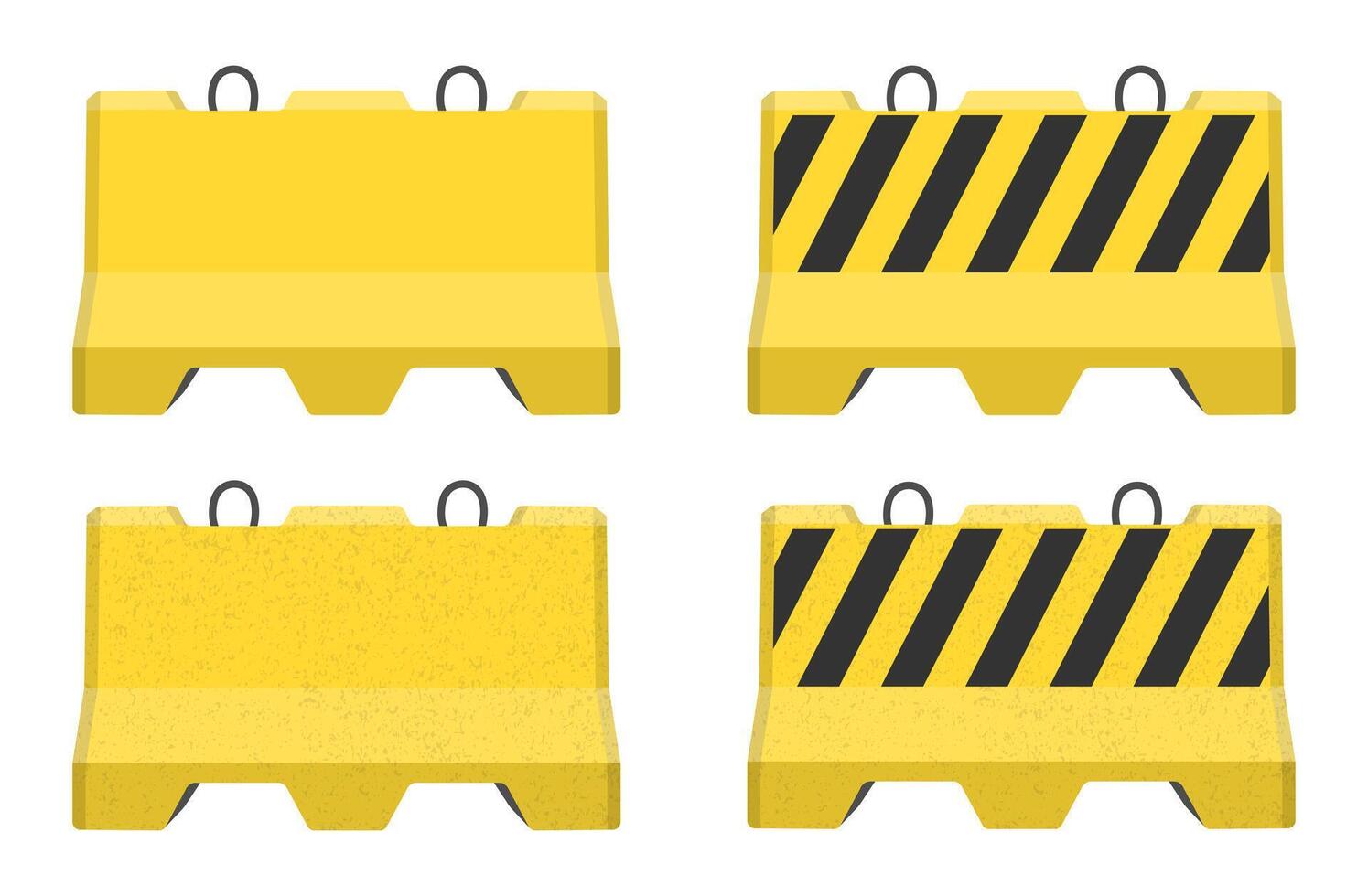 Realistic concrete road barrier icon symbol set. Yellow and black Traffic concrete barricades sign collection. caution sign illustration image. Isolated on white background. vector