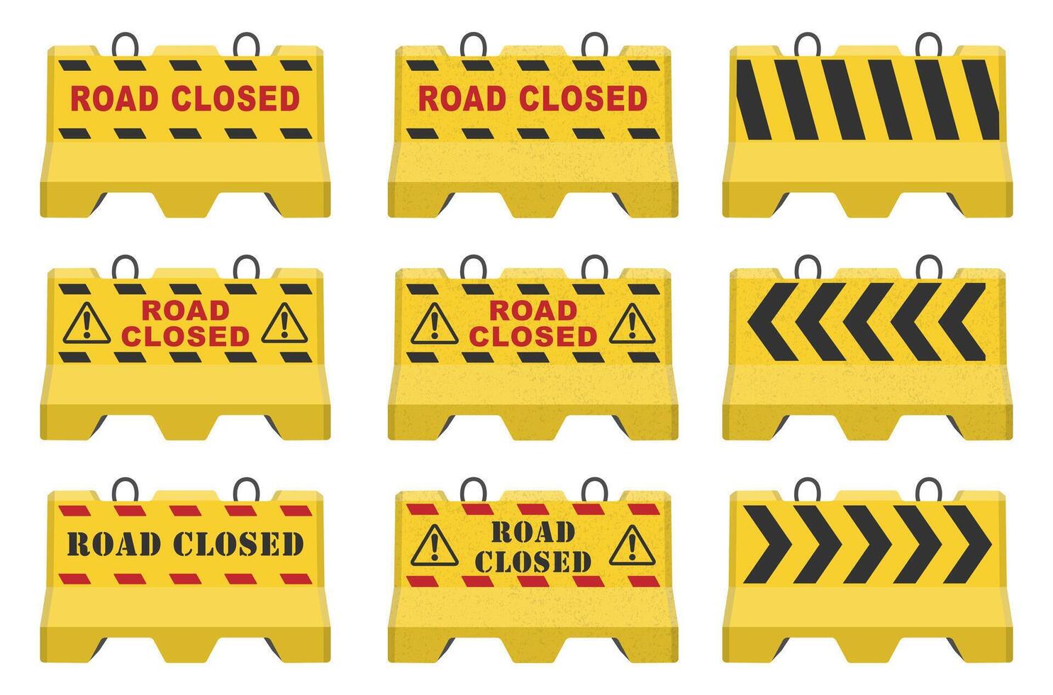 Realistic concrete road barrier icon symbol set. Road closed Traffic concrete barricades sign collection. illustration image. Isolated on white background. vector