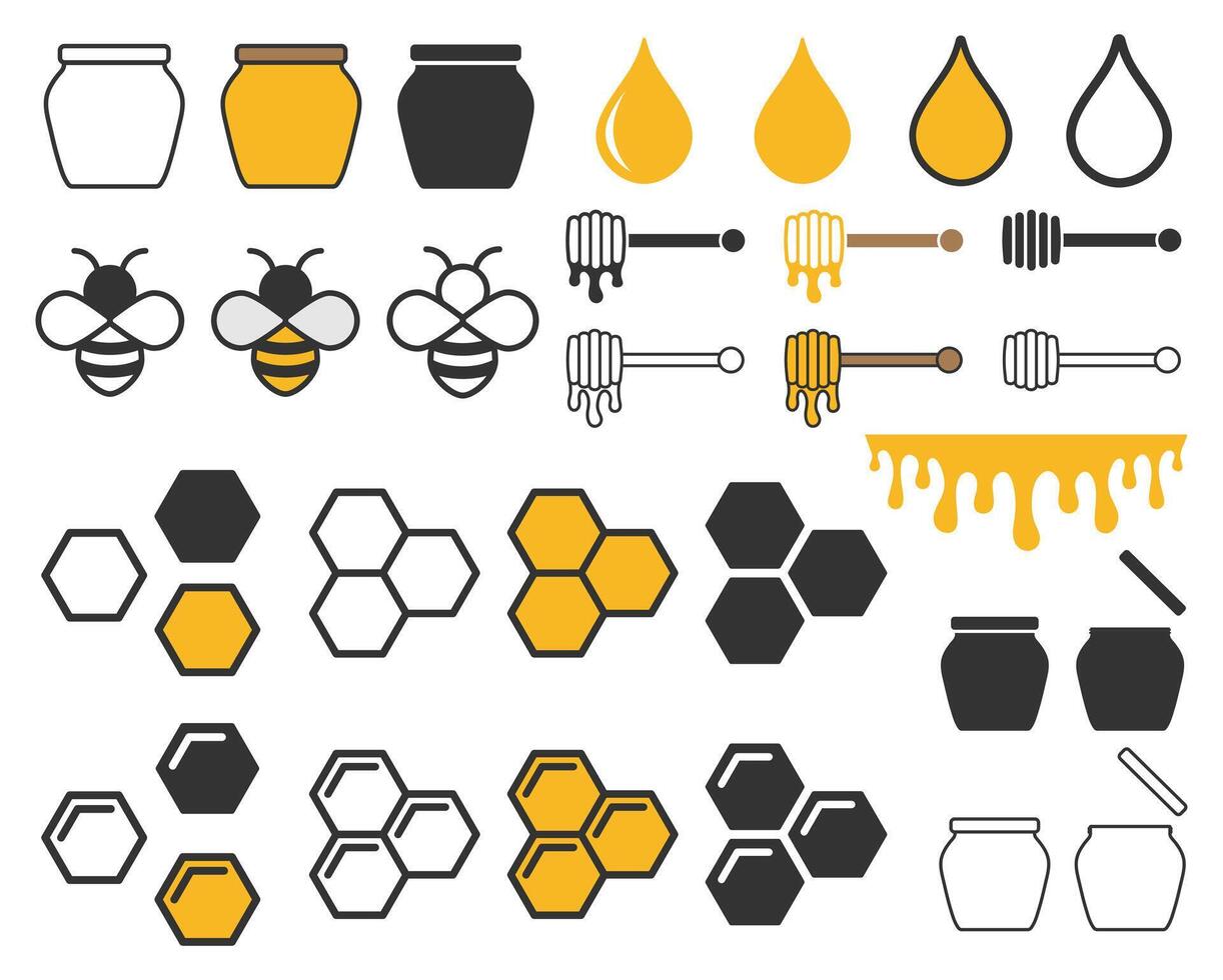 Honey icon symbol set. Honey symbol logo sign collection. Bee wax sign. Honey glass jar package design. illustration image. Isolated on white background. vector
