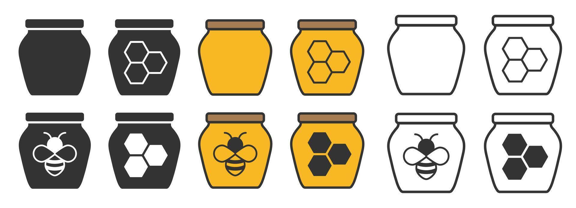 Various Honey glass jar icon symbol set. Honey symbol logo sign collection. Bee wax sign. honey package design. illustration image. Isolated on white background. vector