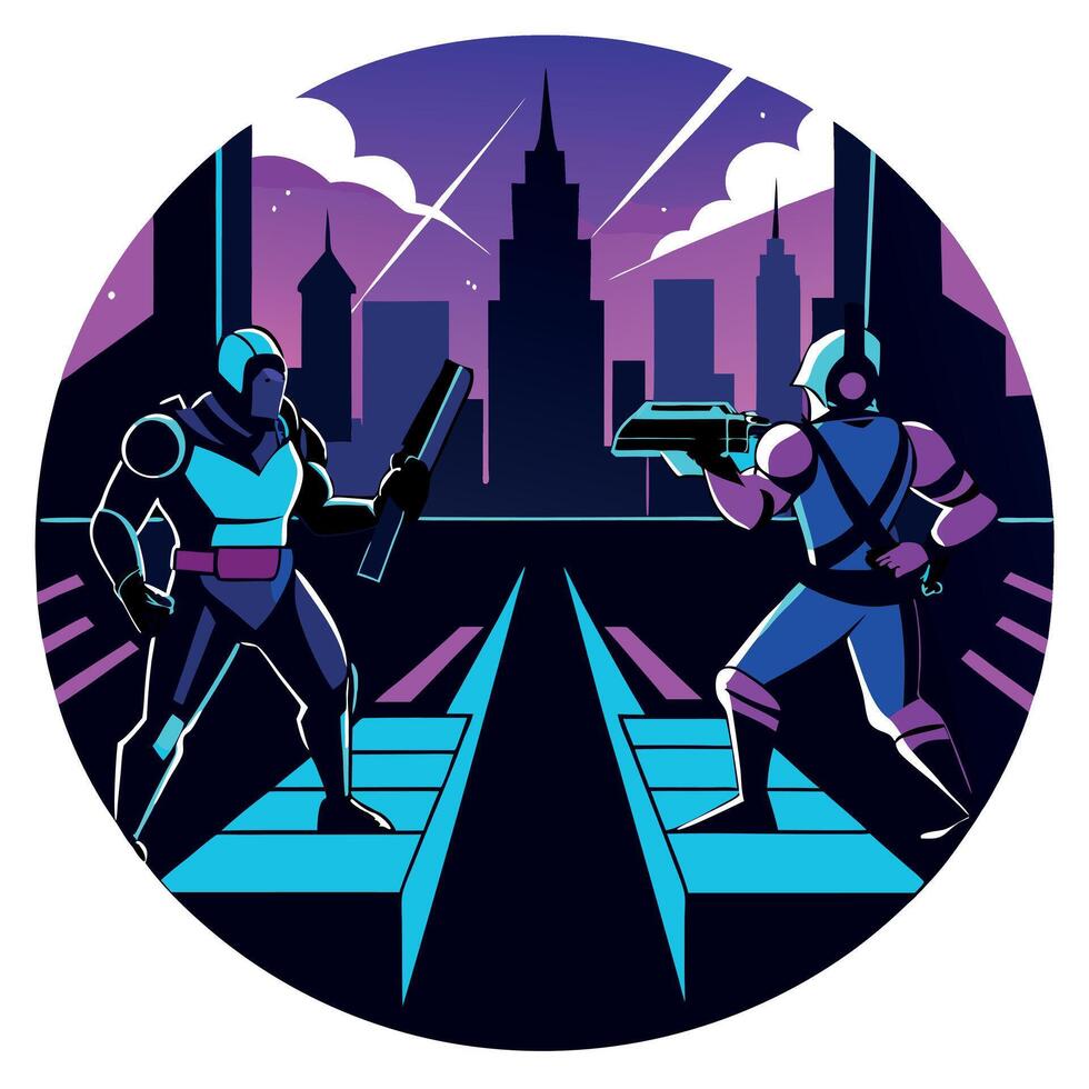 Two men in futuristic costumes standing in front of a city vector