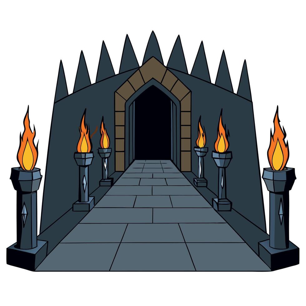 An entrance to a castle with torches and pillars vector