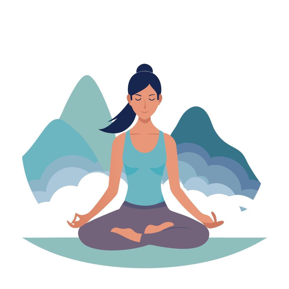A woman is sitting in a lotus position with mountains in the background vector
