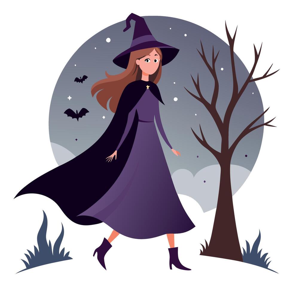 A cartoon witch walking in the forest with bats and trees vector