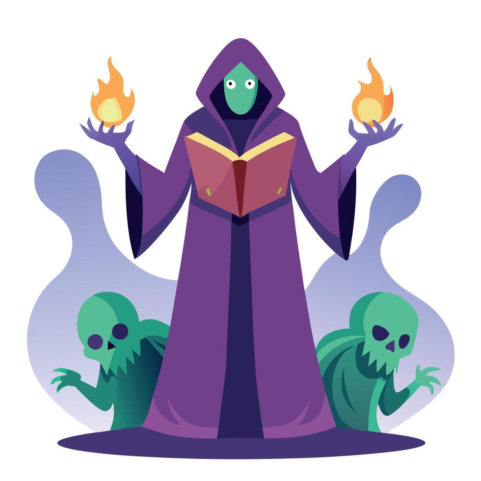 A wizard with a book and two skulls vector