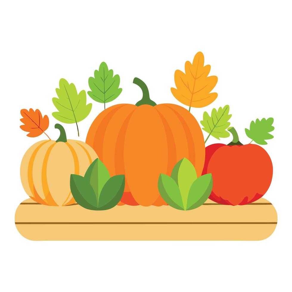 Pumpkins and leaves on a wooden shelf vector