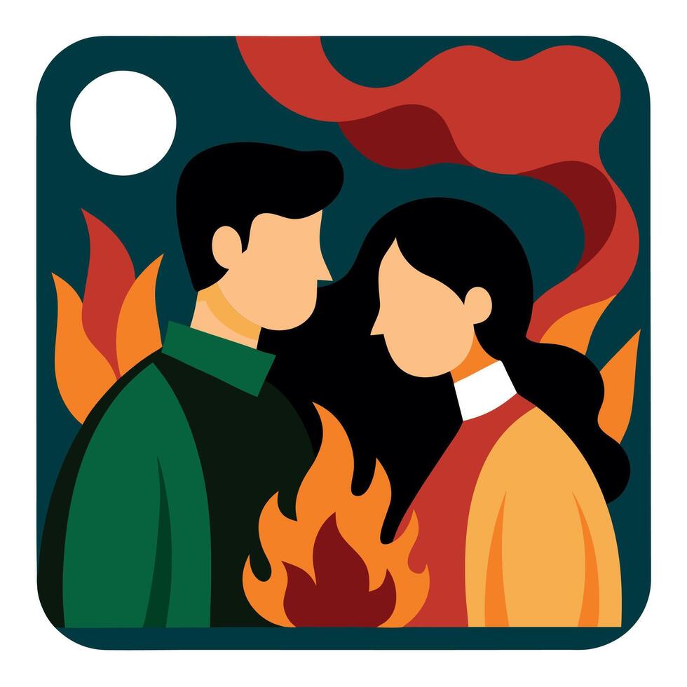 A couple is standing in front of a fire vector