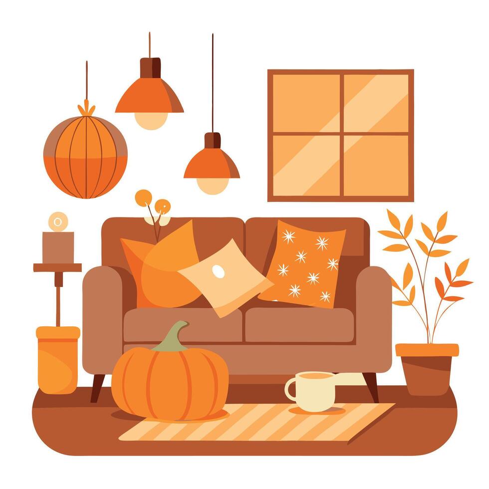 Autumn living room with orange sofa, pumpkin, and lamp vector