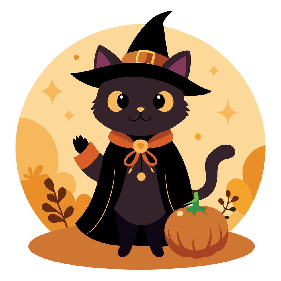 A black cat dressed as a witch with a pumpkin vector
