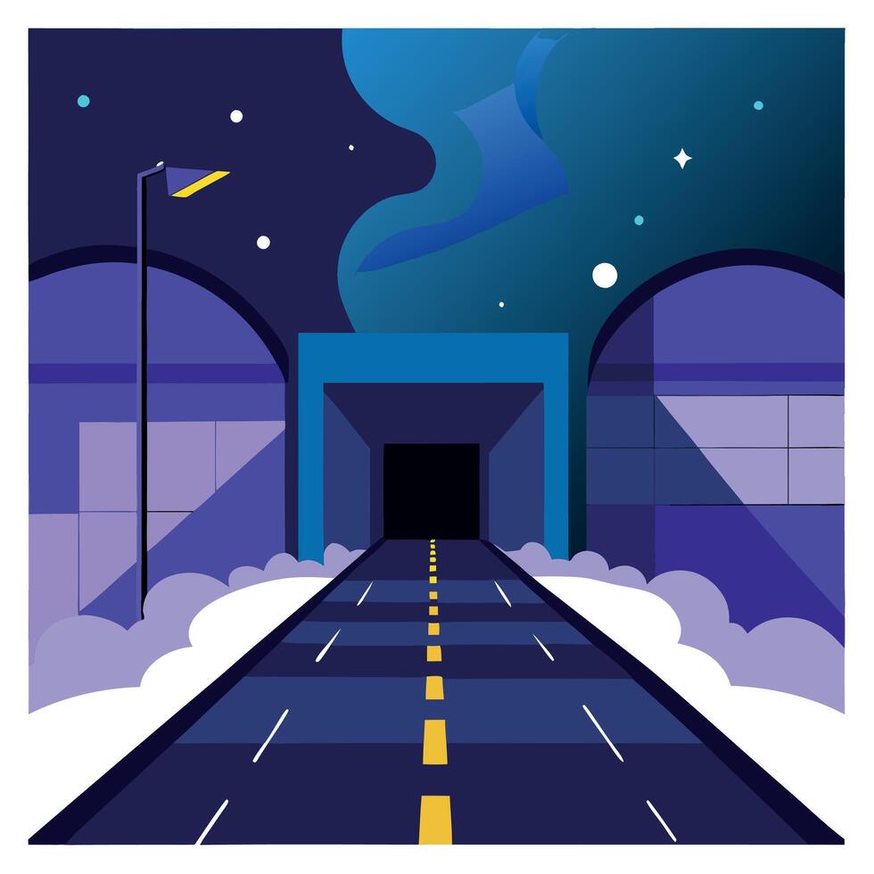 A night time road with a tunnel in the background vector