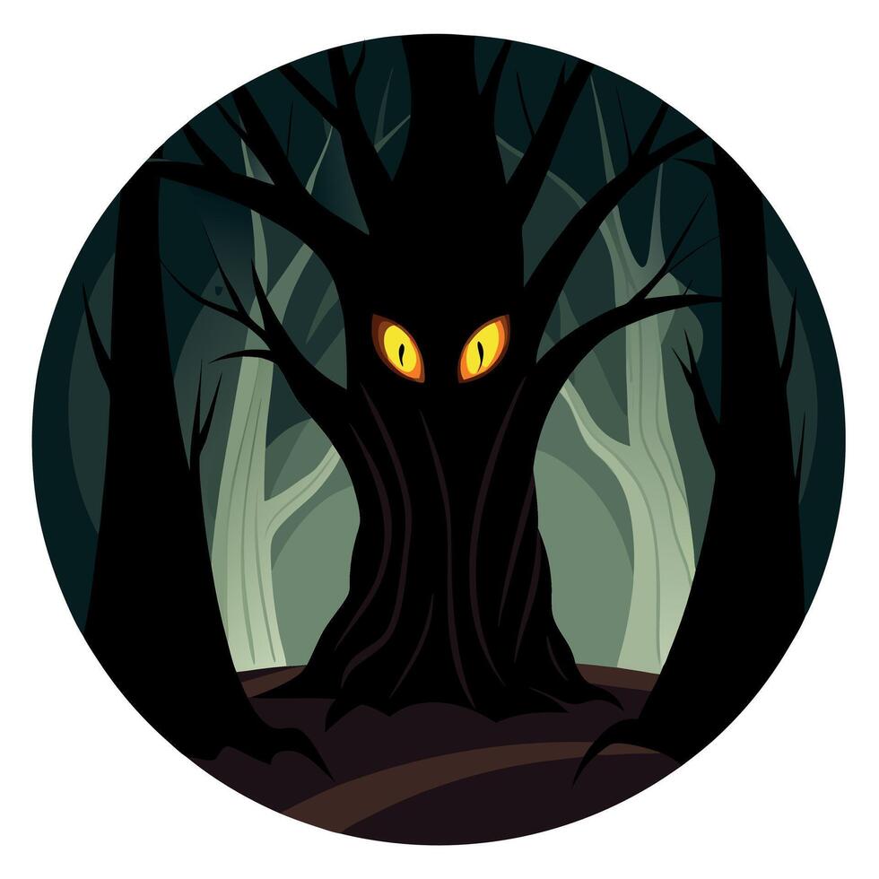 A scary forest with a tree with glowing eyes vector