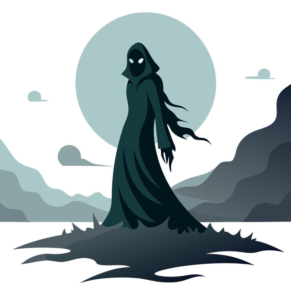 A grim reaper standing on a hill with a full moon in the background vector