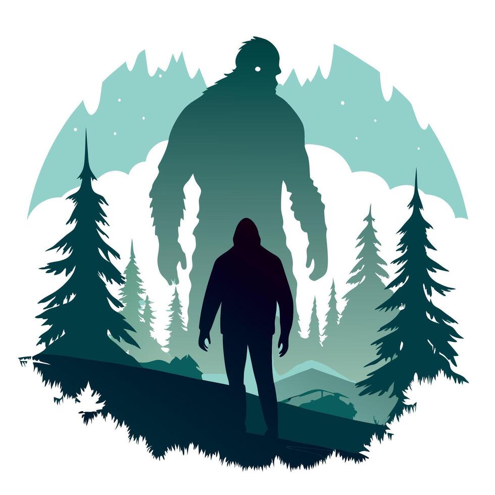 The yeti is standing in the woods with a man in front of him vector