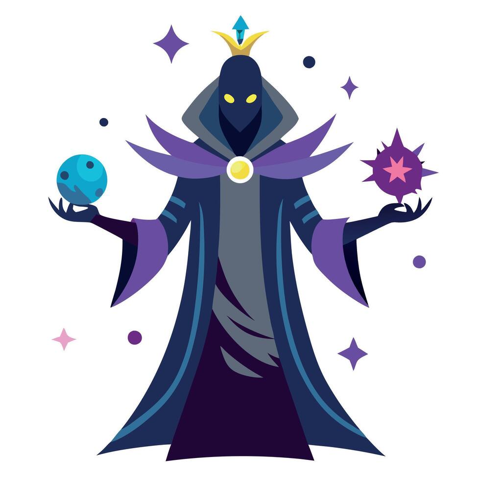 The evil wizard is holding two balls and a star vector