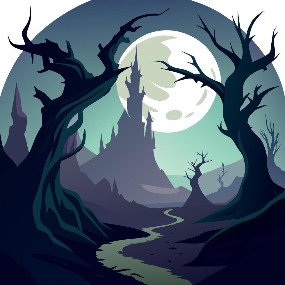 A forest with trees and a castle at night vector