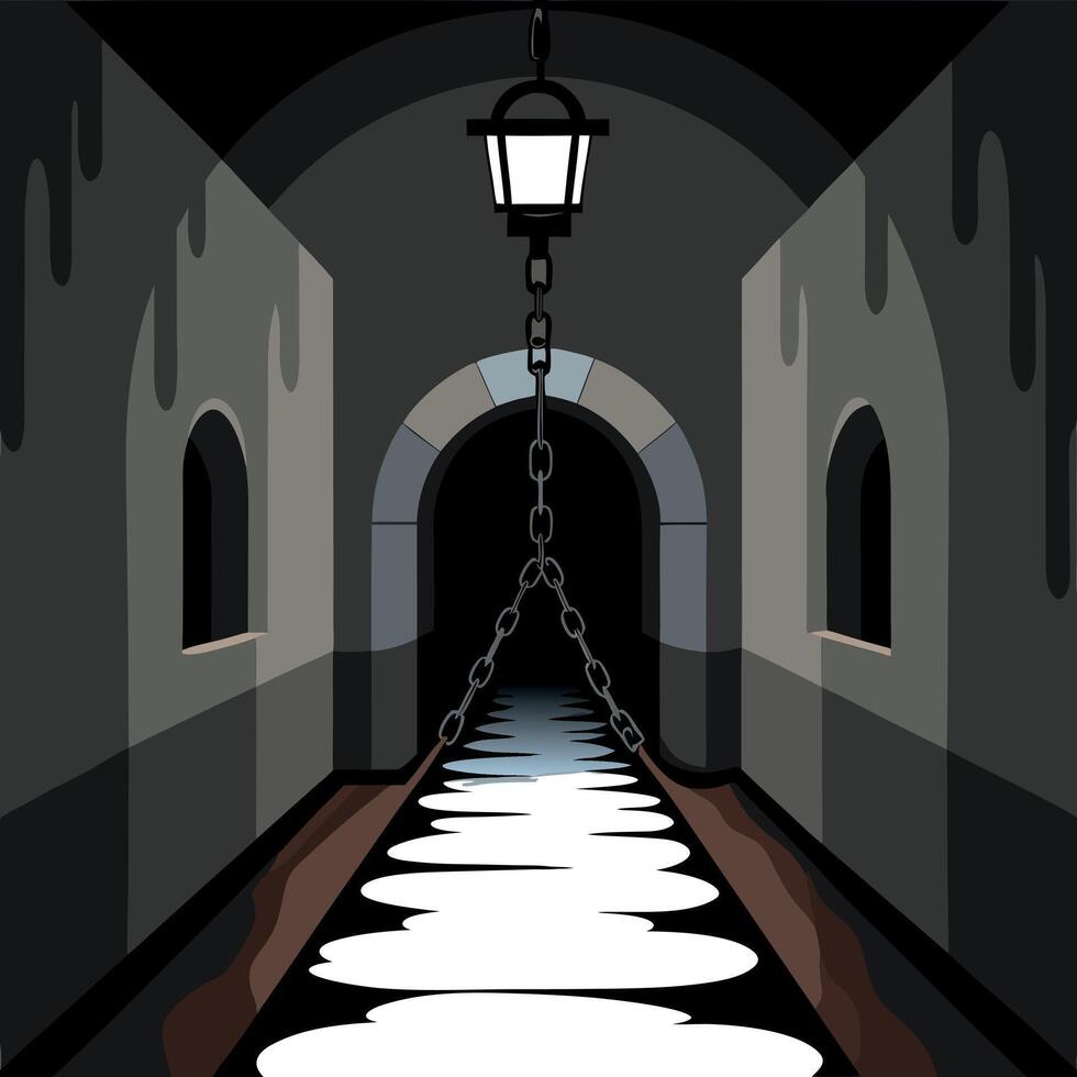 A dark tunnel with a light and chain vector