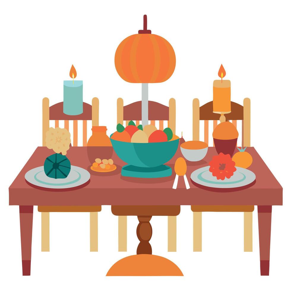 Thanksgiving dinner table with pumpkin, apples, and candles vector