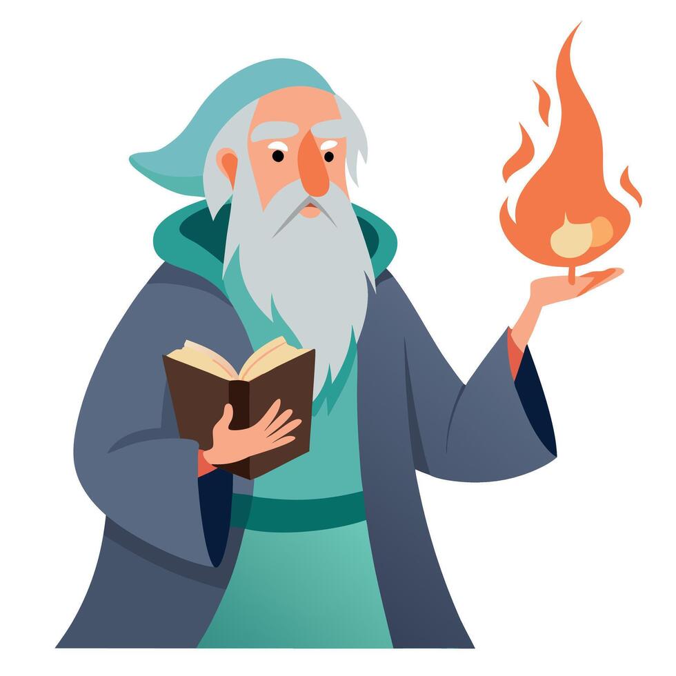 An old wizard holding a book and a flame vector