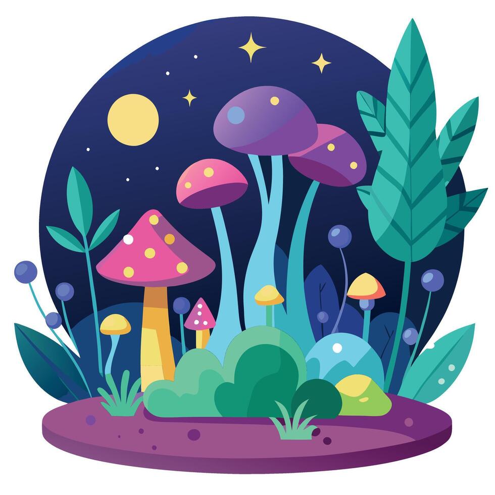 Mushrooms and plants in the forest at night vector