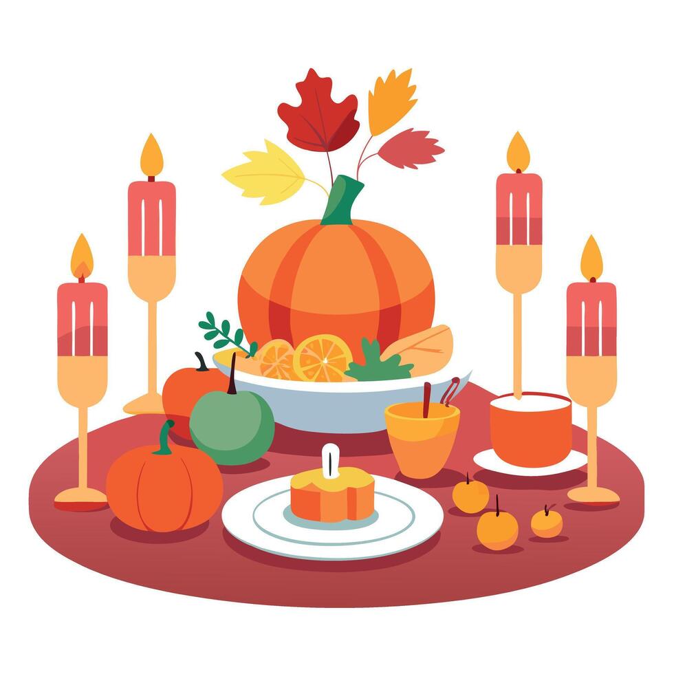 Thanksgiving table with pumpkin, candles and other items vector