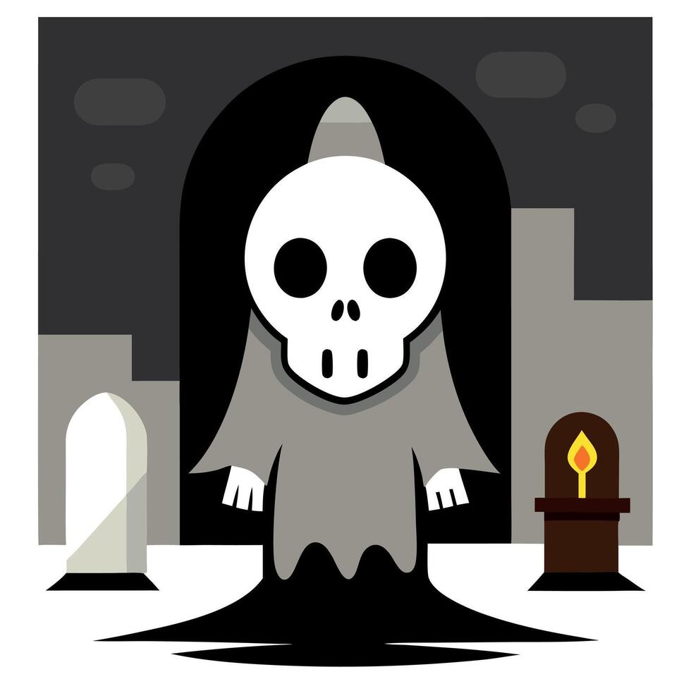 A cartoon skeleton standing in front of a graveyard vector