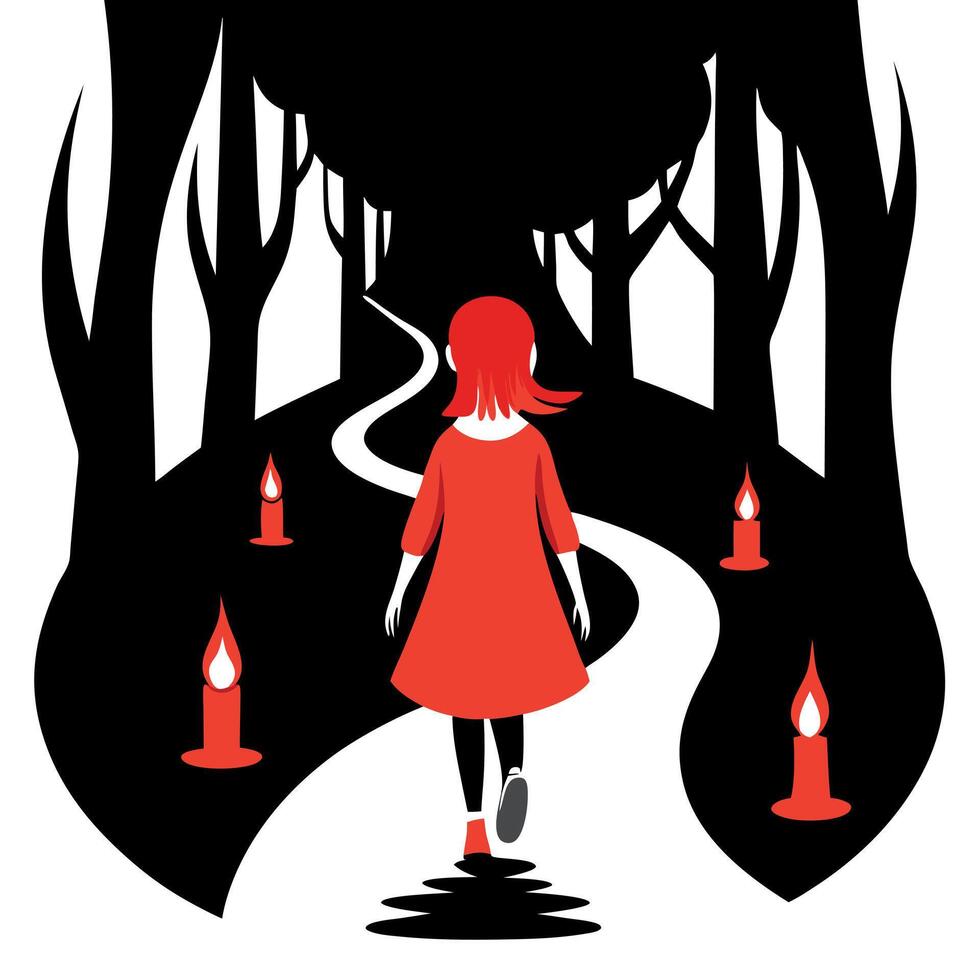 A girl in red dress walking down a path in the woods vector