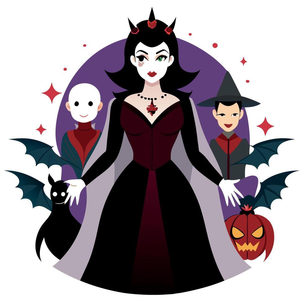 Evil queen with three witches and bats vector