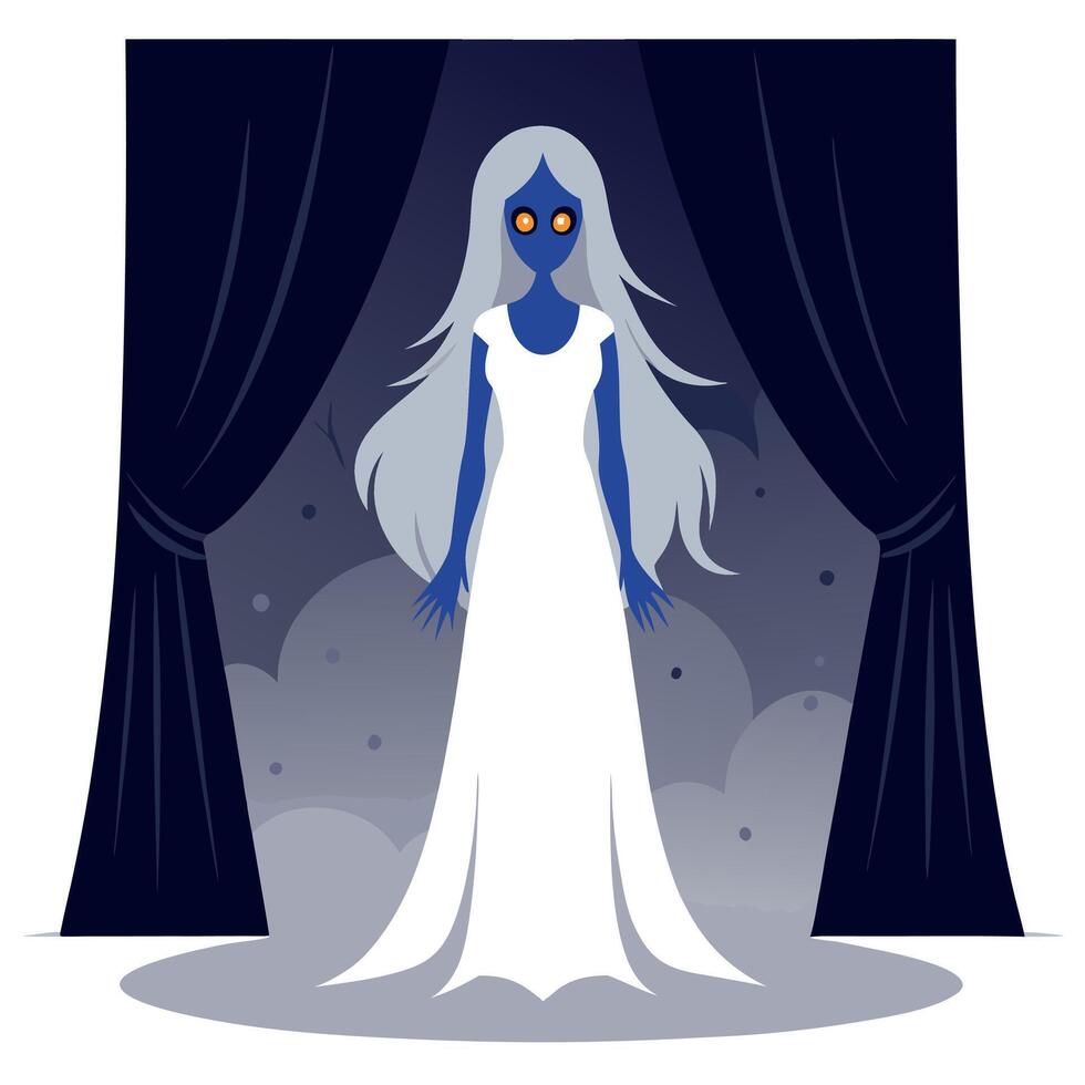 A woman in a white dress standing in front of a curtain vector