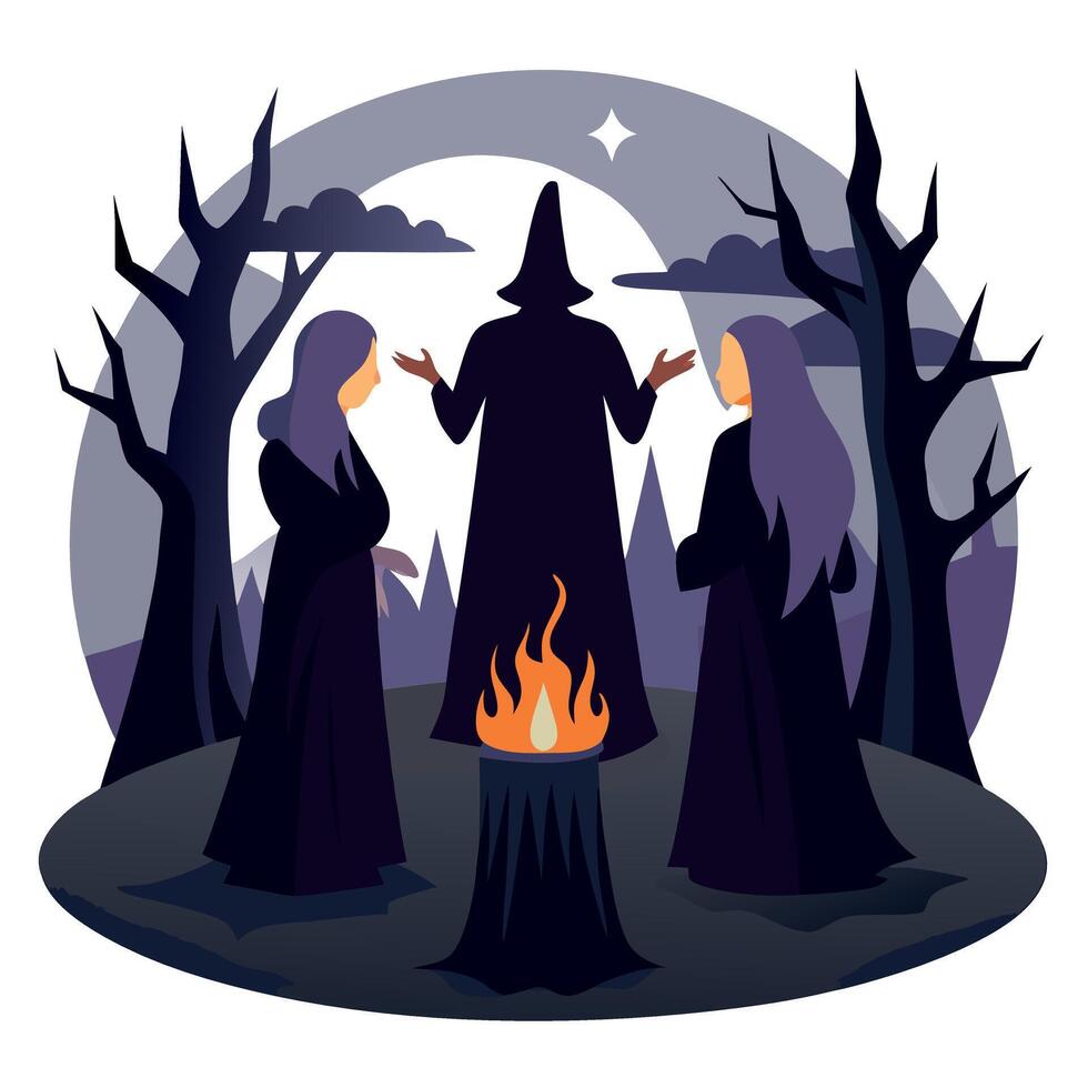 Three witches standing around a campfire in the woods vector