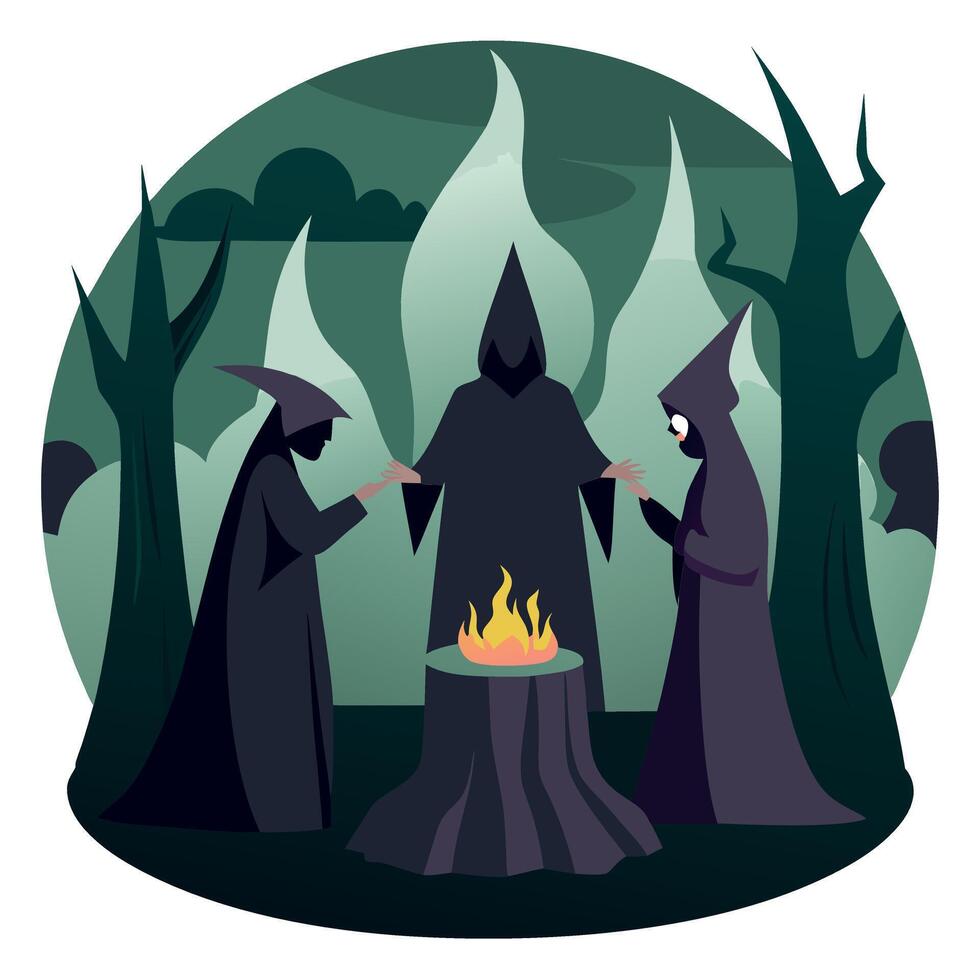 Three witches are standing around a campfire vector