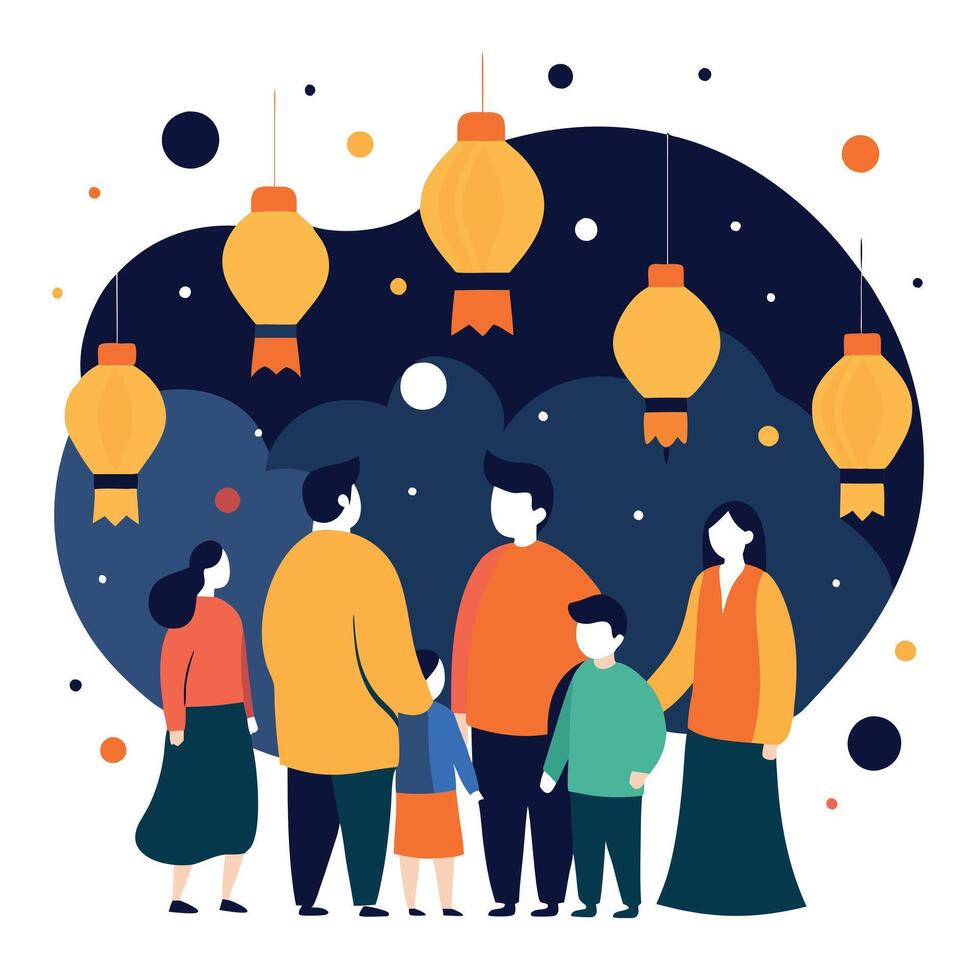 Family with lanterns and stars illustration vector