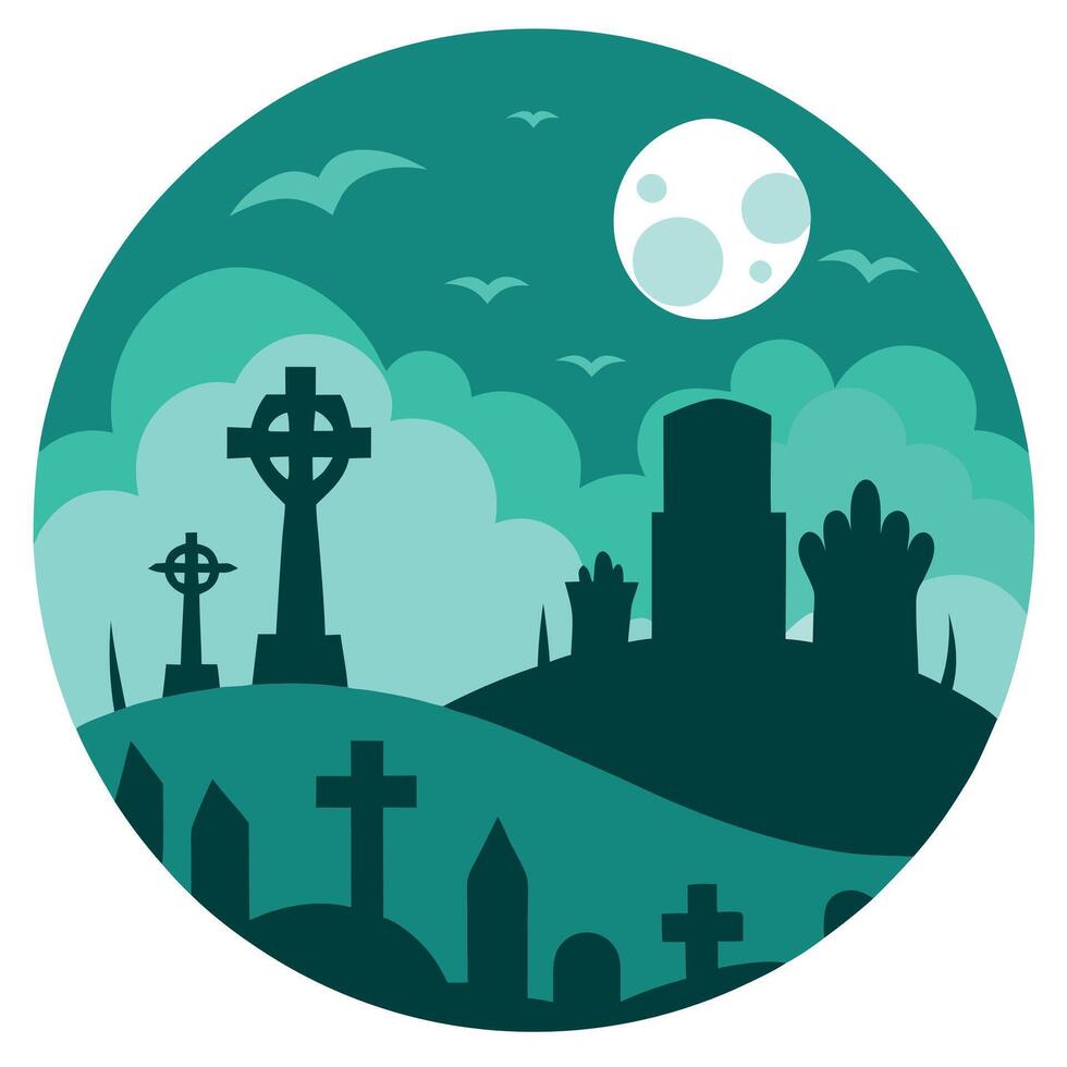 A flat illustration of a graveyard with crosses and tombstones vector