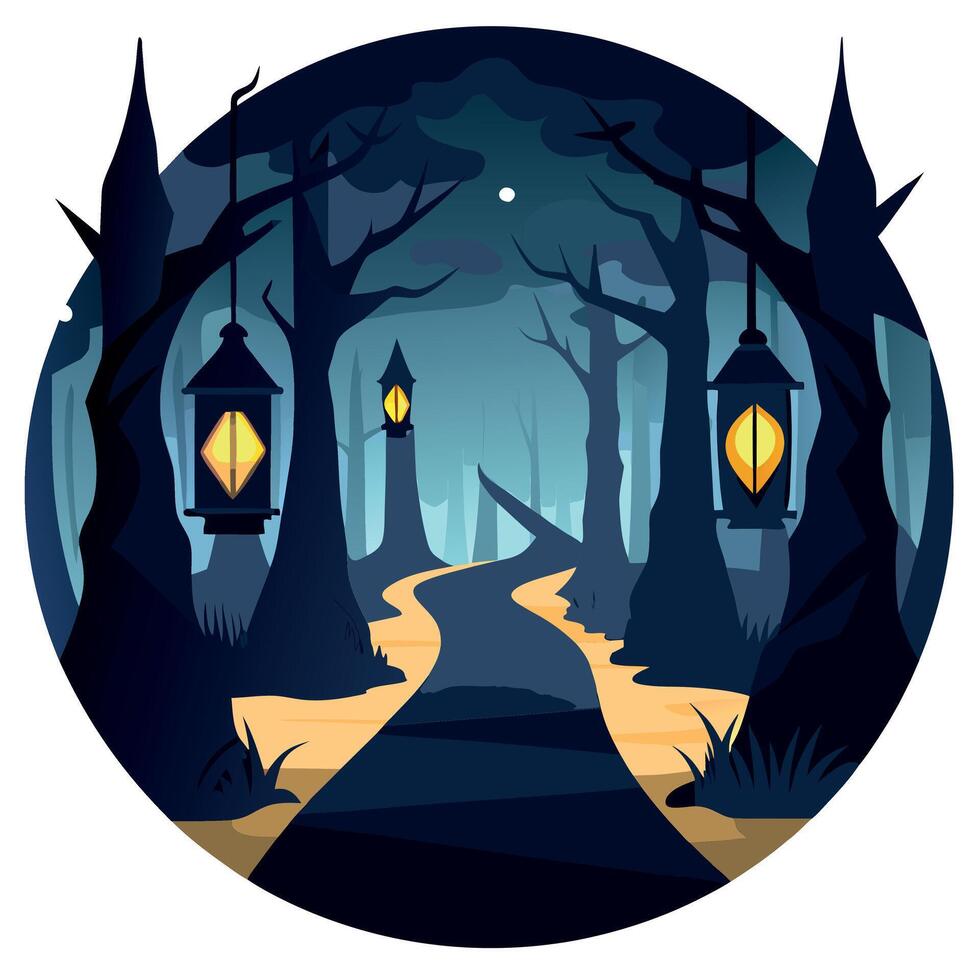 A path through the woods at night with lanterns vector