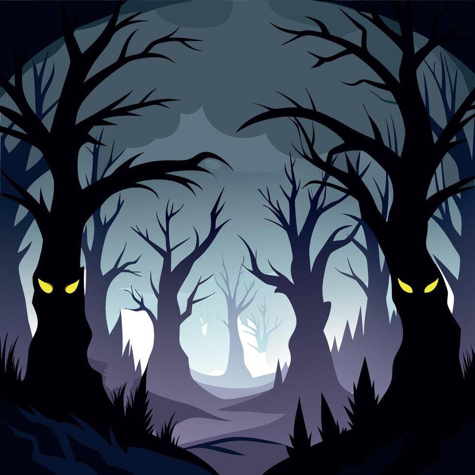 A dark forest with trees and a creepy looking tree vector