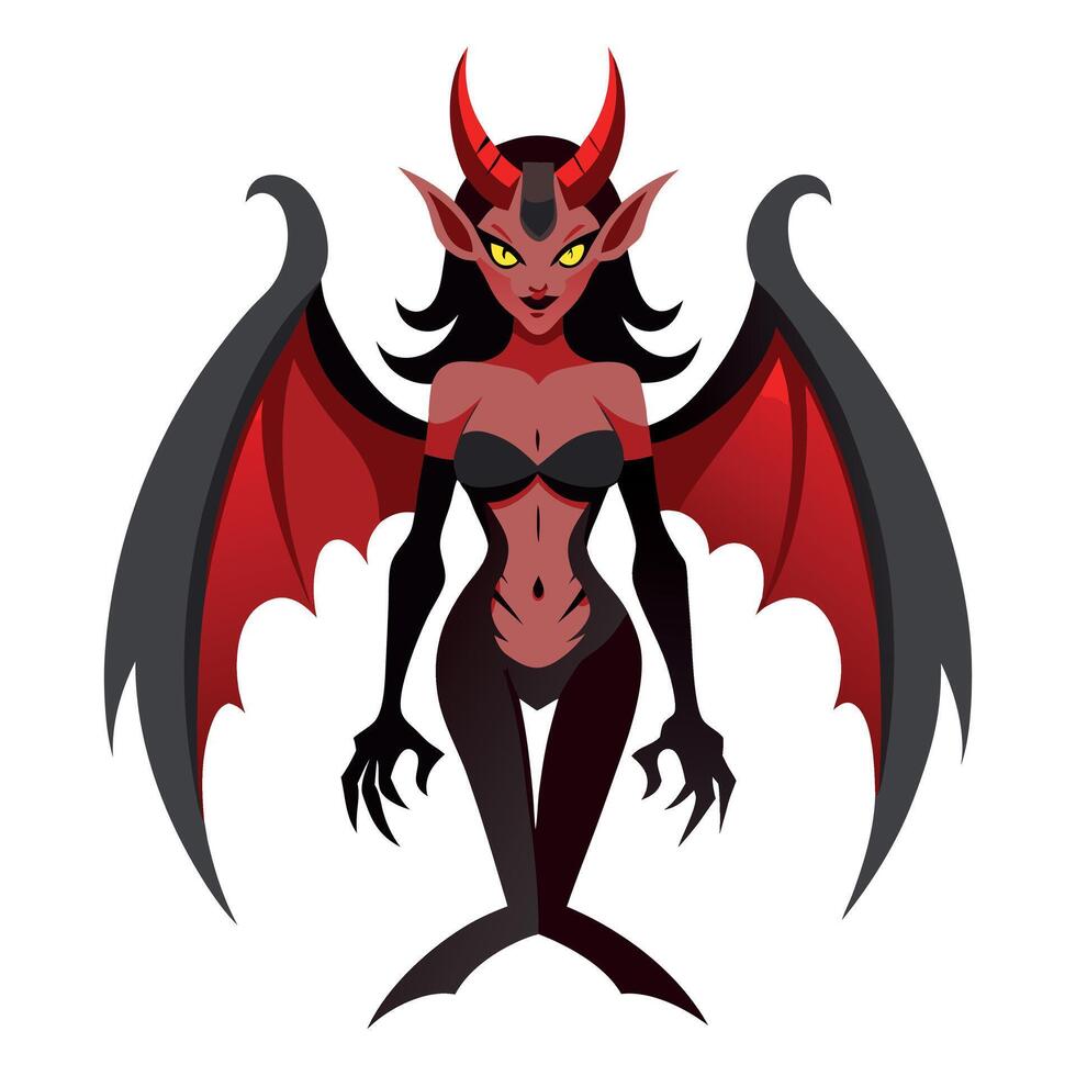A cartoon devil with red wings and black hair vector