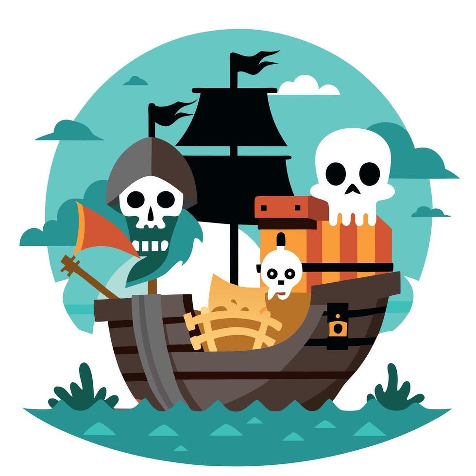 Pirate ship with skeleton and cat illustration vector