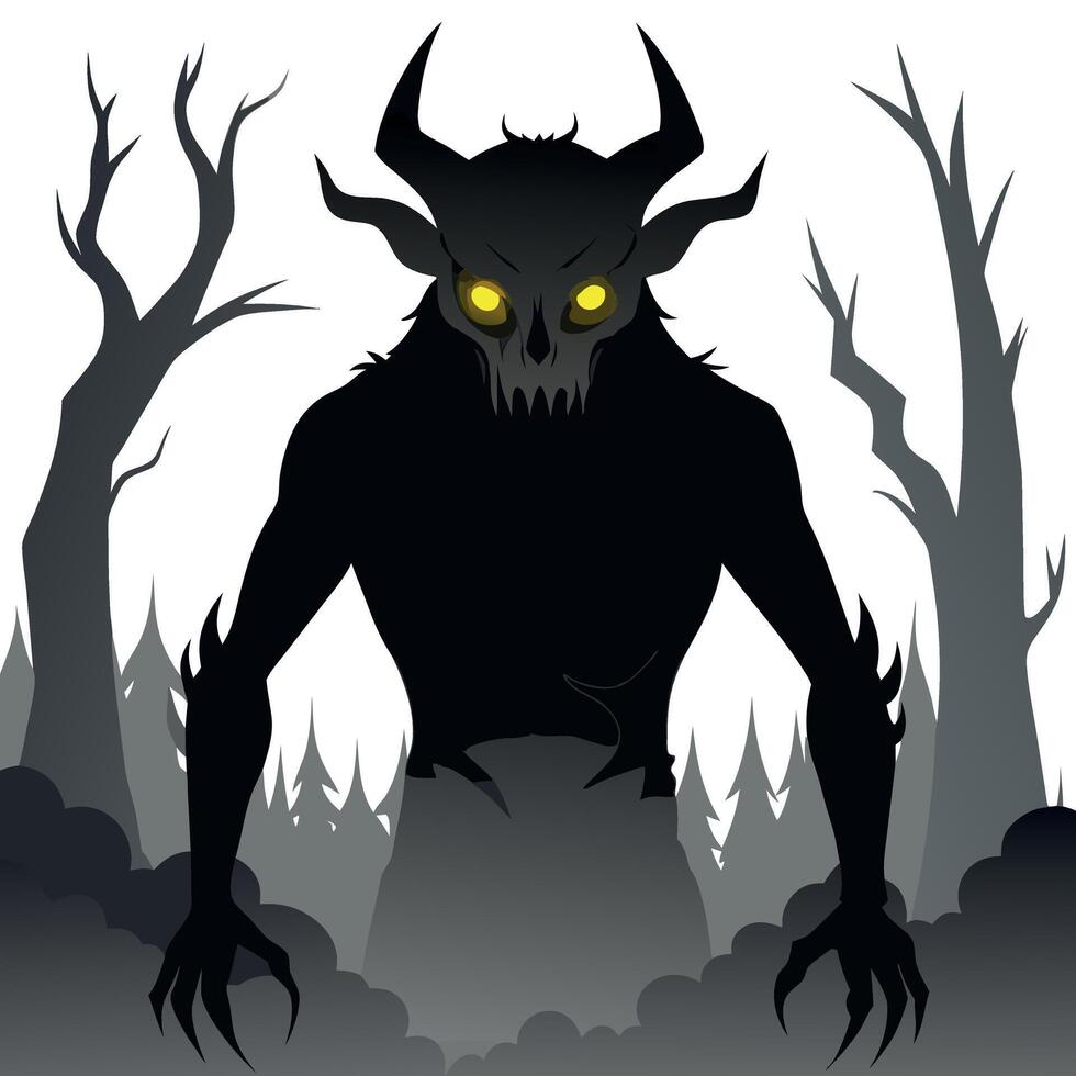 A black and white illustration of a demon with yellow eyes vector