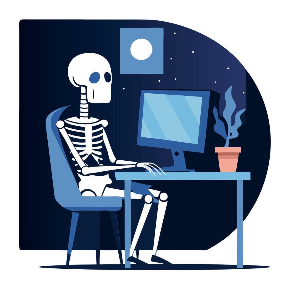 A skeleton is sitting at a desk with a computer vector