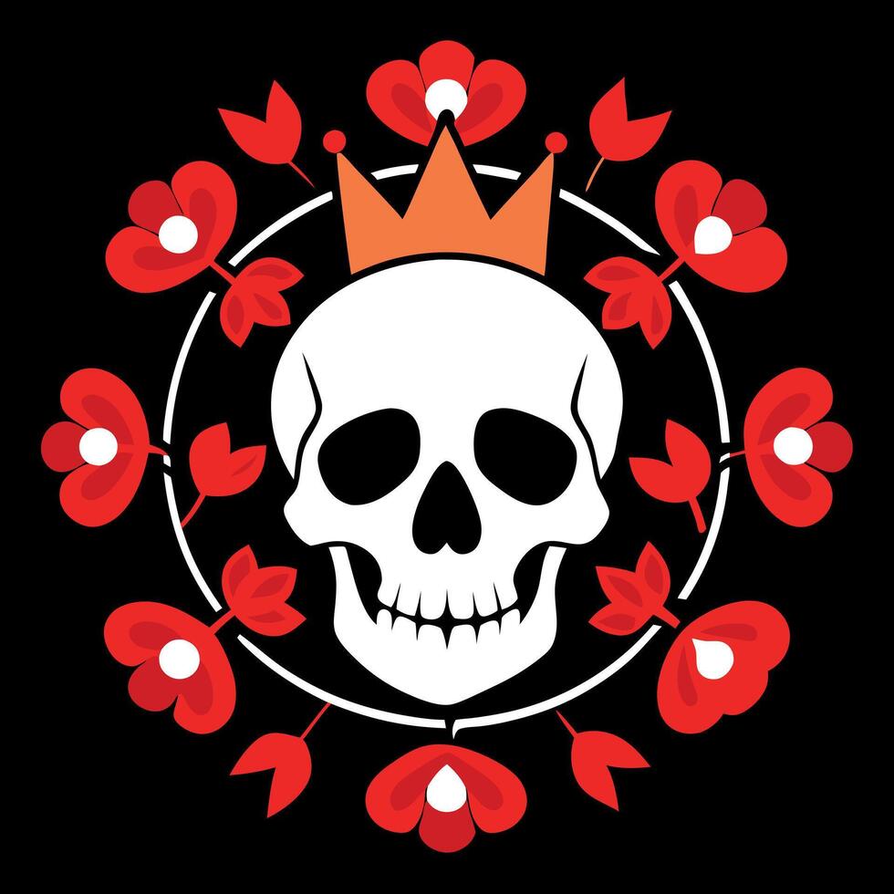 A skull with a crown and red flowers in a circle vector