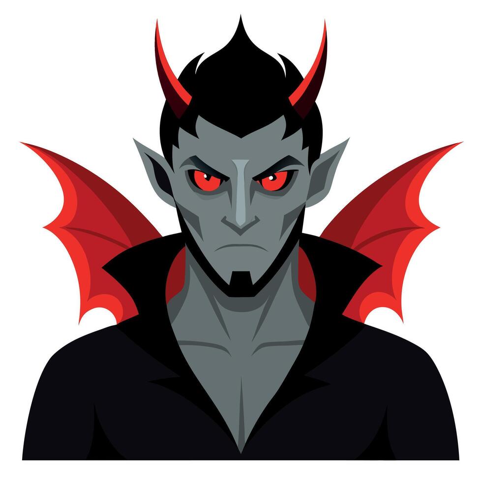A cartoon devil with red eyes and black hair vector