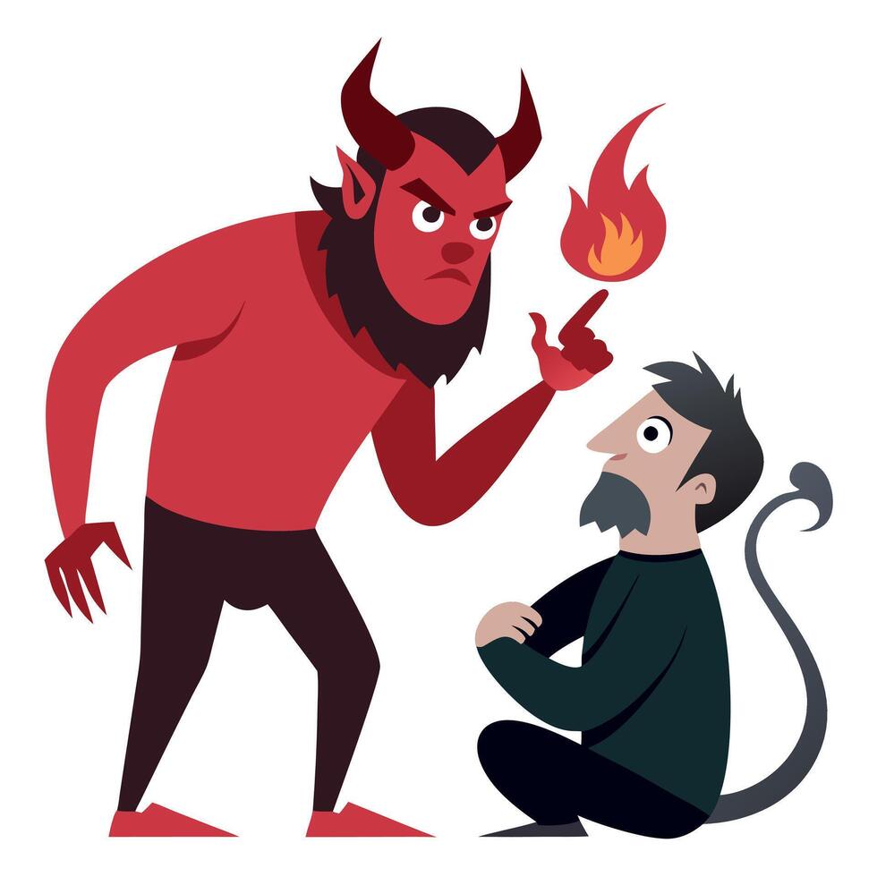 A cartoon devil is standing next to a man who is kneeling down vector