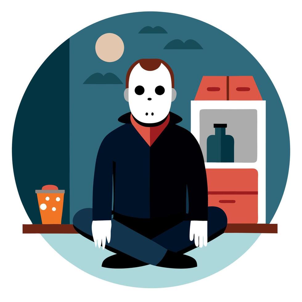 A man in a black jacket sitting in a circle with a mask on vector