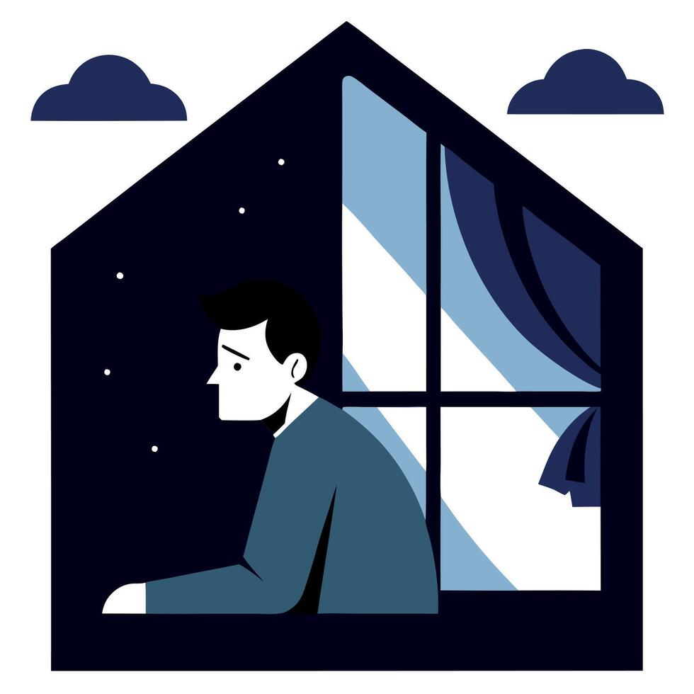 Man sitting in window at night vector