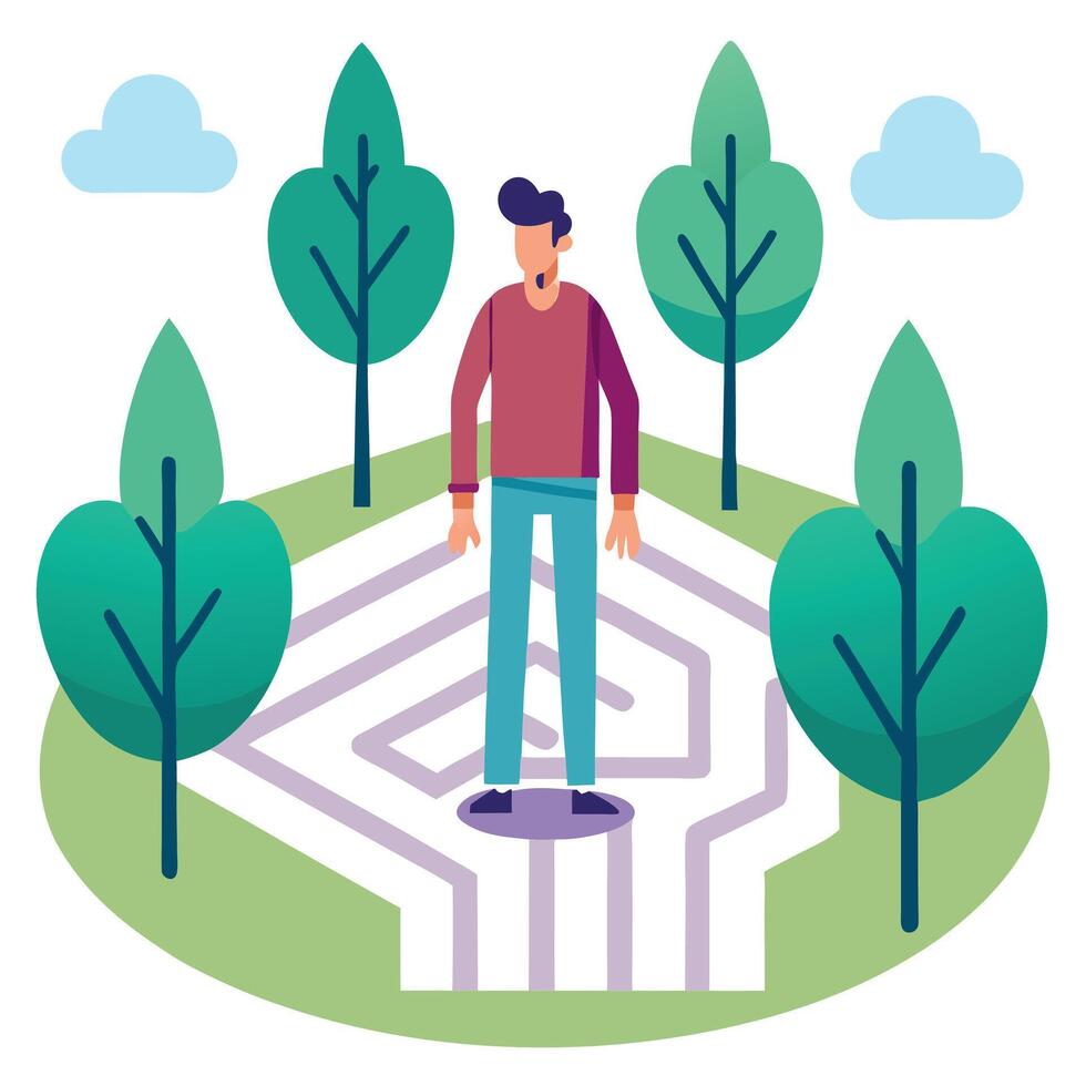 Man standing in maze with trees and bushes vector