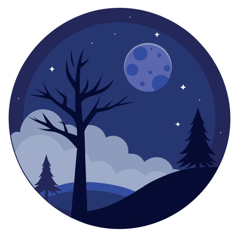 Night landscape with trees and moon illustration vector