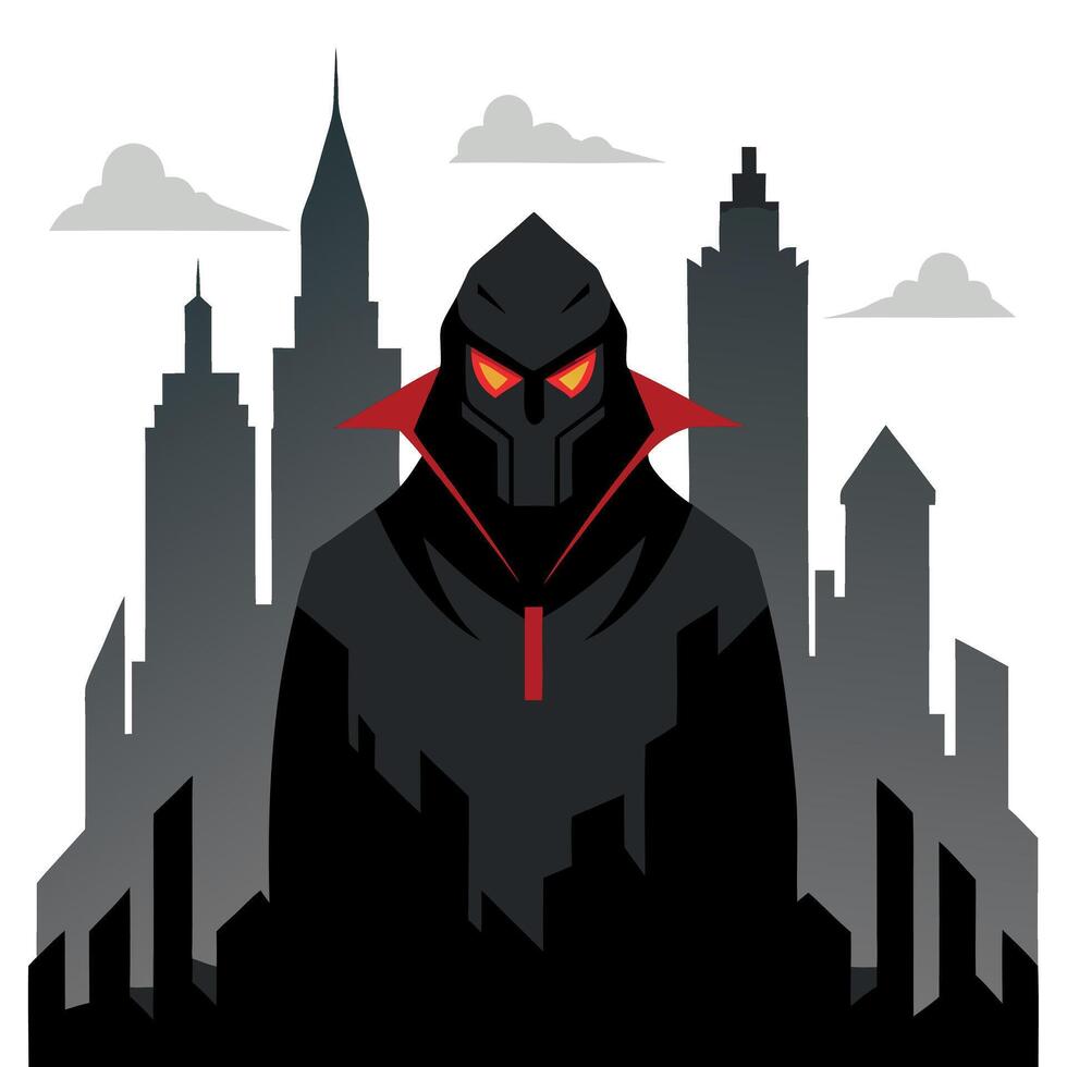 A black hooded man with red eyes standing in front of a city vector