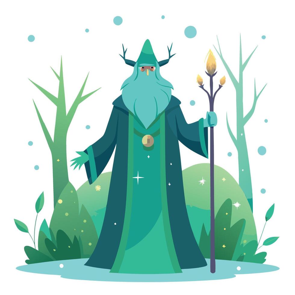 A wizard with a staff and a green cloak vector